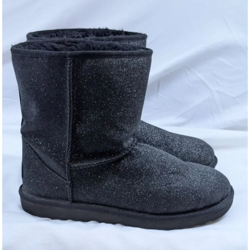 Ugg Boots Kids 6 Classic II Metallic Sparkle‎ Glitter Black Suede Shearling EUC